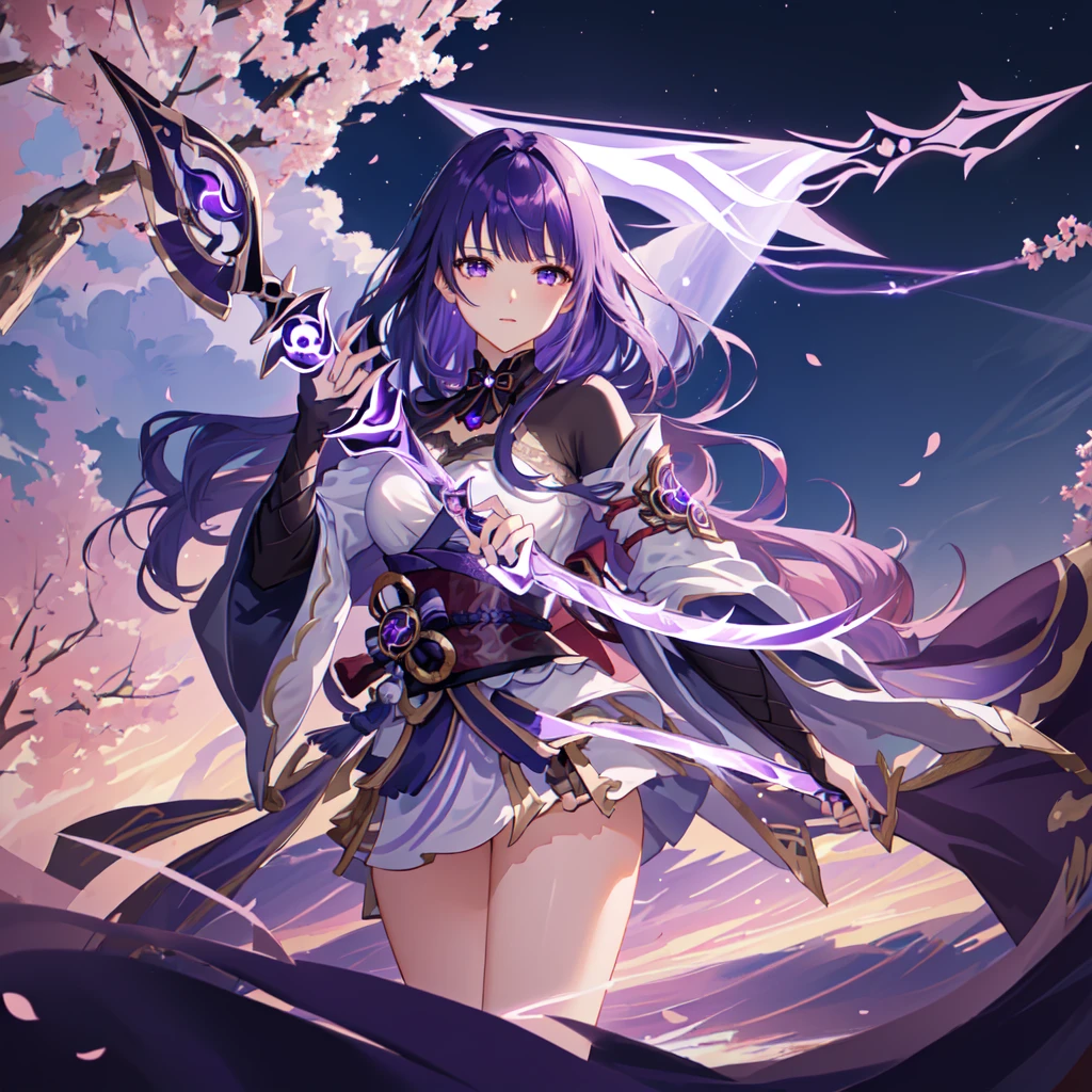 Anime girl holding a long sword, keqing from Genshin Impact impact, ayaka Genshin Impact  （Background cherry blossoms ，Falling，Detailed texture of clouds，night ，Depth of Field）Charming face,  Falling的樱花单马尾辫 ,Purple hair, Purple Eyes,  Delicate face, Delicate skin electricity, lightning, Cultural Relics,Purple Magic, halo, whole body,Magic Light, Side Light, thigh, destiny \(series\), Genshin Impact, open jacket, skirt, High leg raise Highest quality Ultra high resolution, Practical, Detailed hair, Very detailed, fine details, Super detailed