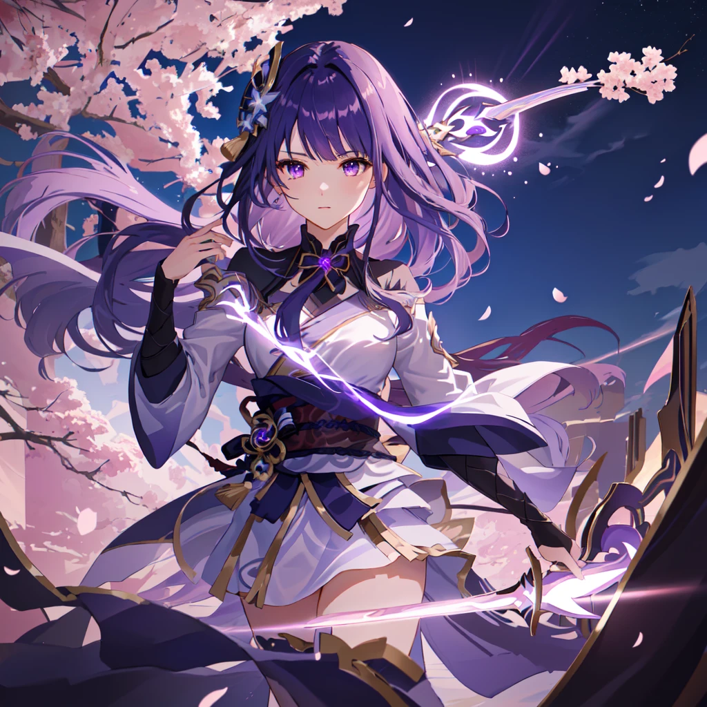 Anime girl holding a long sword, keqing from Genshin Impact impact, ayaka Genshin Impact  （Background cherry blossoms ，Falling，Detailed texture of clouds，night ，Depth of Field）Charming face,  Falling的樱花单马尾辫 ,Purple hair, Purple Eyes,  Delicate face, Delicate skin electricity, lightning, Cultural Relics,Purple Magic, halo, whole body,Magic Light, Side Light, thigh, destiny \(series\), Genshin Impact, open jacket, skirt, High leg raise Highest quality Ultra high resolution, Practical, Detailed hair, Very detailed, fine details, Super detailed