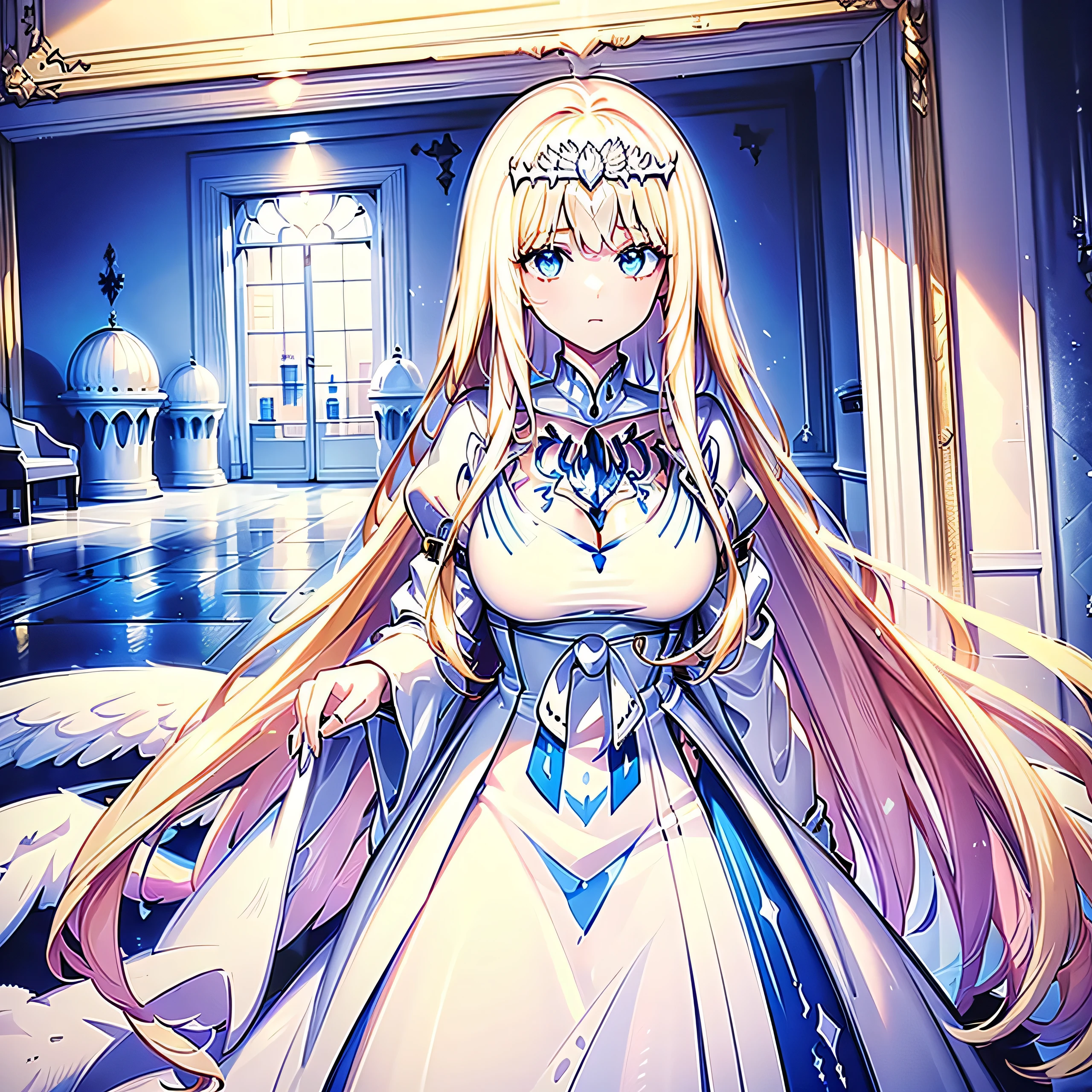 In a beautiful ice castle, There is an angel, Her hair was long enough to reach the floor.. Around her., There are decorated ice sculptures., and her beauty was like a dream..
The young woman stood quietly., But her eyes seemed to hold a deep sadness.. She seemed to be looking for something and was looking around.. Calcutta, blonde hair, My hair is very long, (white tiara:1.5), white dress, blue eyes, Medium bust, two angel wings, Huge white wings from her shoulders. , Calca, Calca Bessarez, yellow hair color, gold hair color