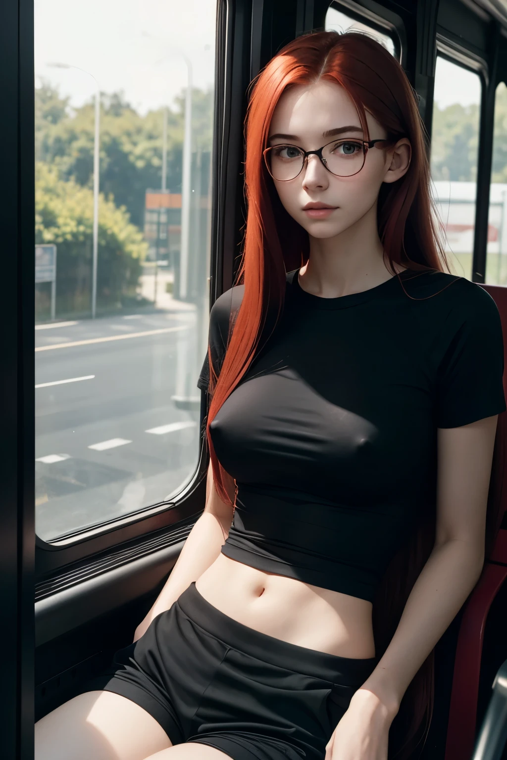 18 year old girl, long straight red hair, glasses, medium breasts, small pert nipples, tight black tshirt, tight black jogging shorts, long legs, pale flawless skin, natural beauty, sitting on the bus looking out of the window, (photorealistic:1.2), high quality photography, natural light