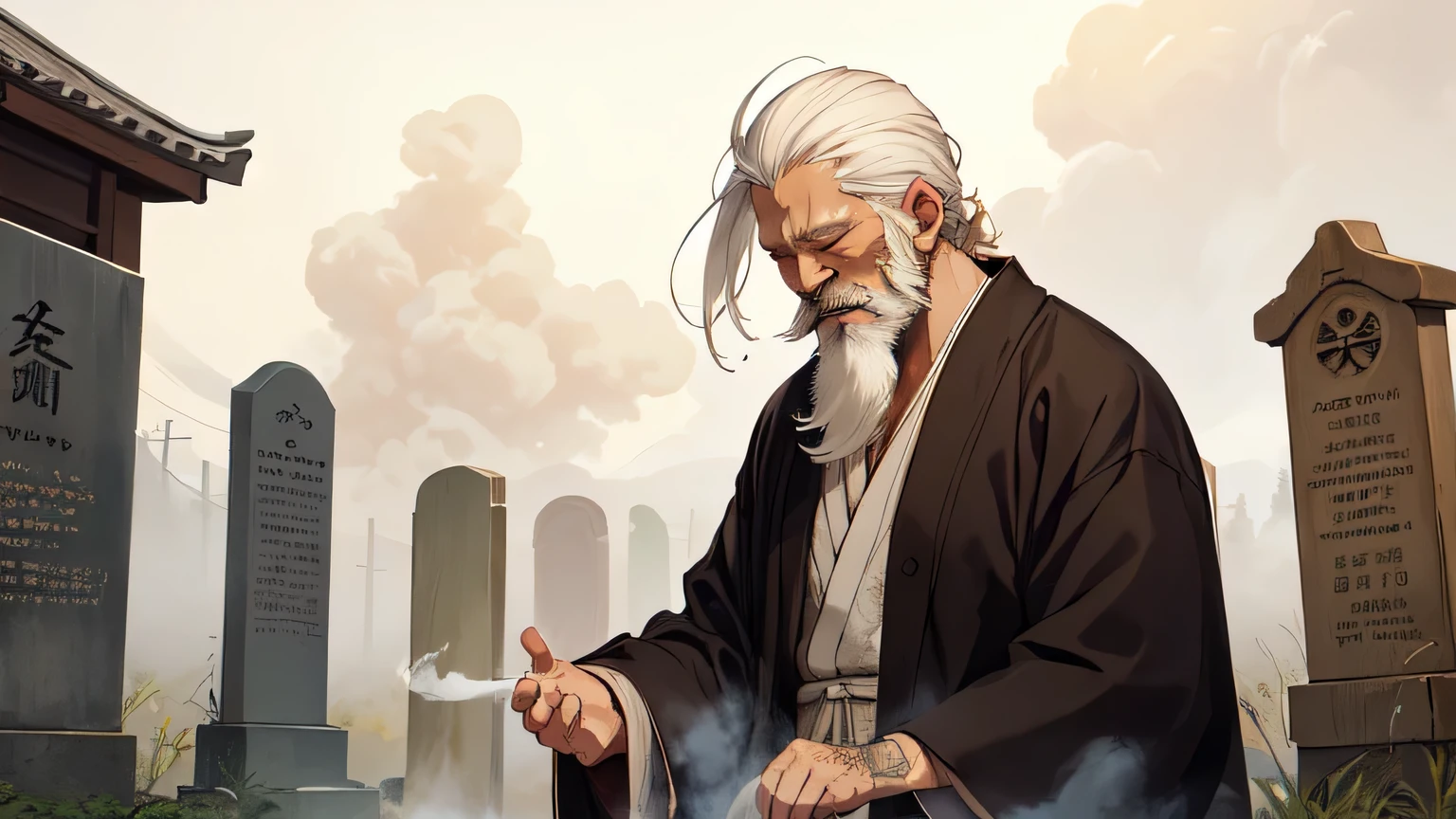 (detailed old vagabond with white hair and long white beard:1.3), (smoke from Chinese aroma pot:1.1), closed eyes, tender smile, very old Tattered shabby Japanese robe cloth, ink painting style, (sepia color), dynamic pose, praying gesture, dynamic angle, (magnificent foggy and cloudy cemetery:1.1)