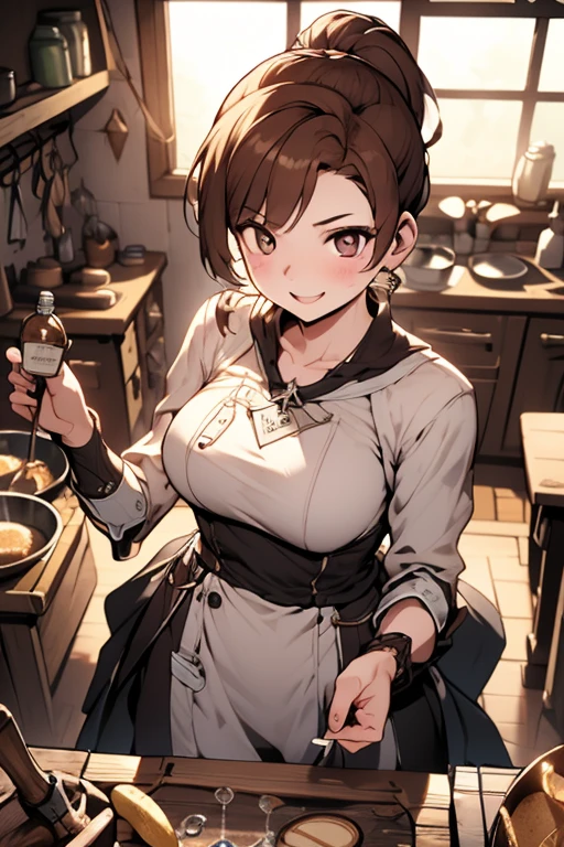 (from above:1.2) (highest quality:1.5),(8k,masterpiece, top quality, best quality,beautiful and aesthetic:1.2,professional illustrasion:1.1,ultra detail:1.3,perfect lighting),extremely detailed,highest detailed,incredibly absurdres , highres, ultra detailed,intricate:1.3,(Alchemy Workshop:1.4),A girl mixing,Medicine in many small bottles,colorful:1.4,zentangle,(1girl),(highly detailed beautiful face and eyes,firm breasts),real skin,((brown hair,long pony tail hair)),thin pubic hair:1.3,cute,lovely,17 years old, learning to make a pancakes cooking, alchemist costume,smile,in the kitchen,smile,seductive weak smiling,(with sparkling eyes and a contagious smile),open mouth, Looking at Viewer,