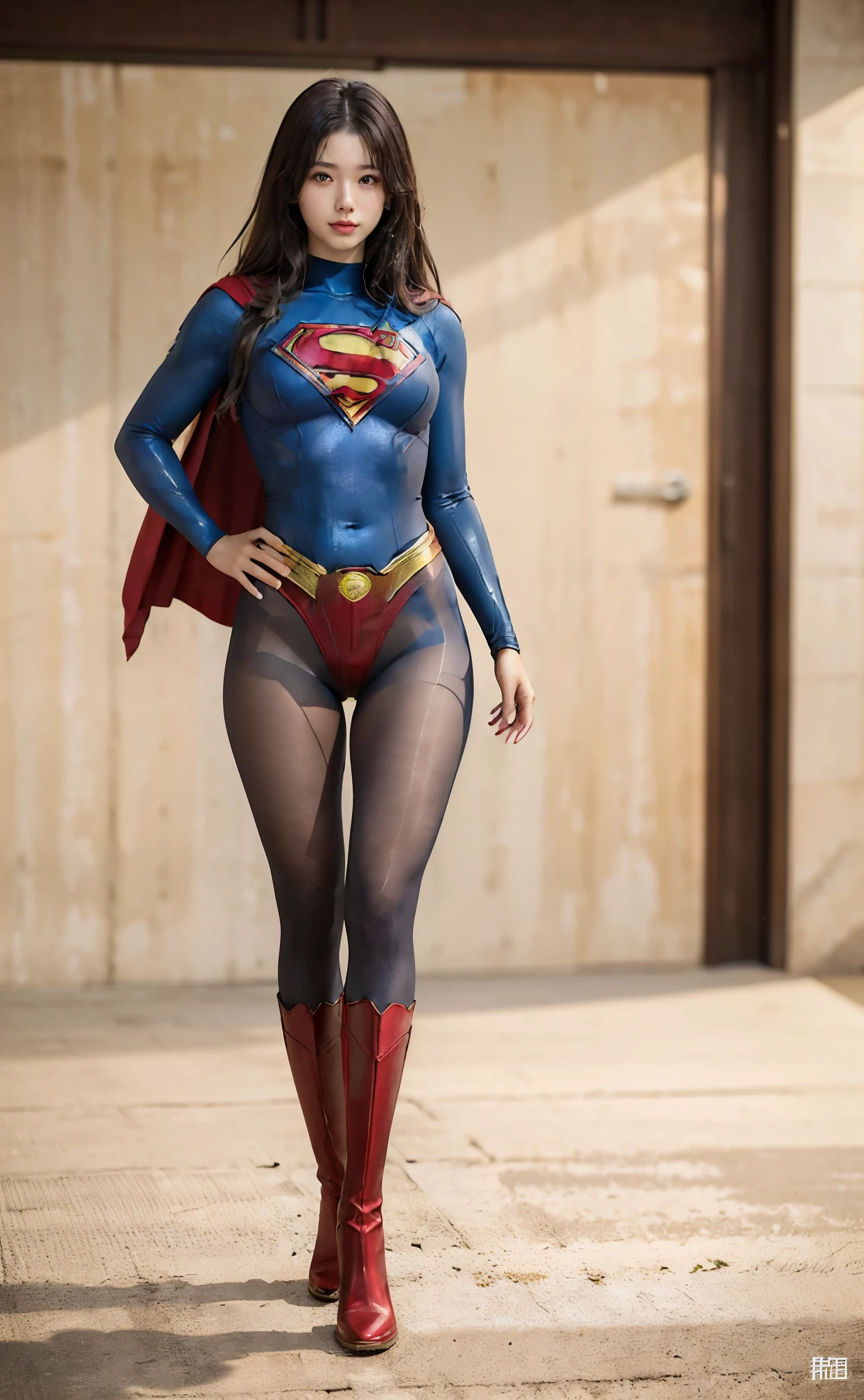 No background、(((Beautiful legs in black tights.)))、(((Legally express the beauty of your smile)))、((((Make the most of your original images)))、(((Body-fitting Supergirl costume)))、(((Supergirl Costume)))、(((Beautiful Hair)))、(((suffering)))、(((Please wear black tights....、Wear red boots)))、((Best image quality、8k))、((highest quality、8k、masterpiece:1.3))、(((Preserve background )))、Sharp focus:1.2、Beautiful woman with perfect figure:1.4、Slim Abs:1.2、Wet body:1.5、Highly detailed face and skin texture、8k