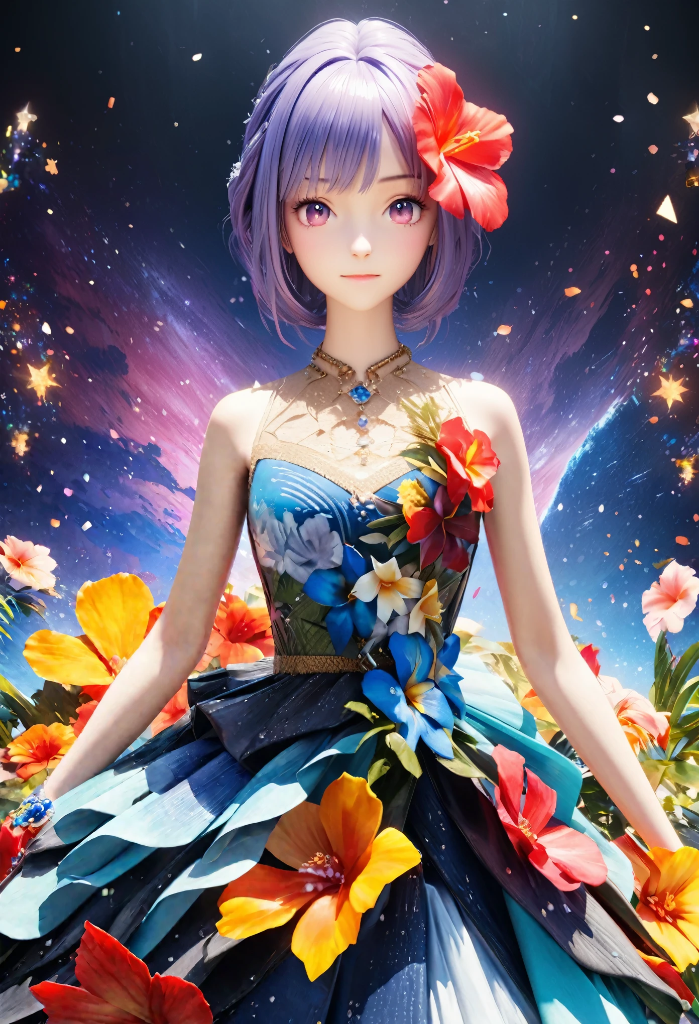 masterpiece, highest quality, High resolution, High resolution, An expensive solution, High resolution, 4K, 8k, unity 8k wallpaper, High resolution CG, masterpiece, Genuine, 2D, 3D, Beautiful details, depth, Fine texture, Great quality: 1.3 , Create an anime-style illustration of a character wearing a gorgeous Hawaiian dress adorned with flowers and jewels。, Perfect focus and bright night beach background. Draw a close-up of the upper body. {{The dress should have multiple layers and special ruffles, It is embedded with gemstones of various colors.. }} , The character's pink hair、It should be long and flowing to show off the intricate design of the dress.。. The cityscape at night is vibrant. The streets are lit up in different colors、The area is bustling with lights that tell the tale of a vibrant nightlife。. The light from the building is reflected on the water..With a smile