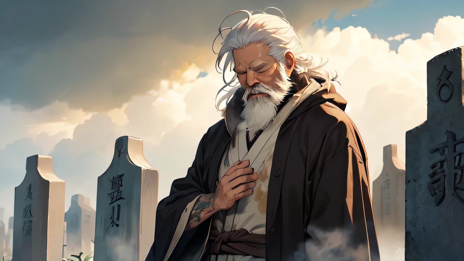 (detailed old vagabond with white hair and long white beard:1.3), (smoke from Chinese aroma pot:1.1), closed eyes, tender smile, very old Tattered shabby Japanese robe cloth, ink painting style, (sepia color), dynamic pose, praying gesture, dynamic angle, (magnificent foggy and cloudy cemetery:1.1)