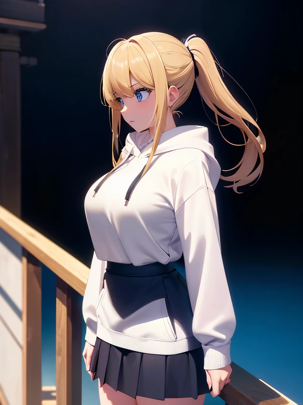 1woman,super beautiful,Standing, looking away,,half body photo,Beautiful eyes, very detailed face,cute, tennis skirt,HD face, perfect face, white hoodie,long hoodie,black mini skirt,Very big breasts,Blonde hair,long hair,ponytail,bangs,blue eyes,ultra detail,ultra Hd, masterpiece,4k