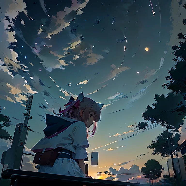 Relaxed character and white cat　anime girl sitting on a bench looking at the stars, anime art wallpaper 8 k, anime art wallpaper 4k, anime art wallpaper 4 k, 4k anime wallpaper, anime wallpaper 4k, anime wallpaper 4 k, anime style 4 k, 4 k manga wallpaper, watching the sun set. anime, anime girl desktop background, anime wallpaper, anime background