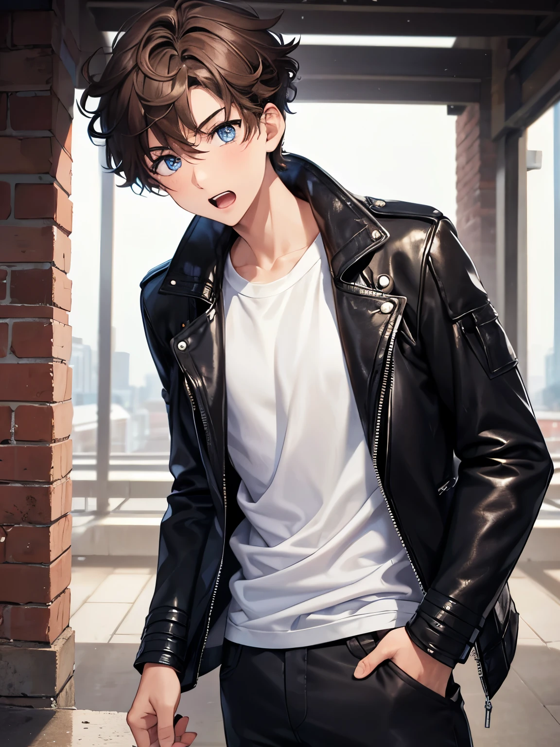 1boy,guy,Standing, Shocked expression, teeth showing, close up photo,18 years old,Curly hair,blue eyes,medium hair,undercut hairstyle,light brown hair,black jacket,Leather jacket,white t-shirt,white trousers,morning,ultra detail,masterpiece