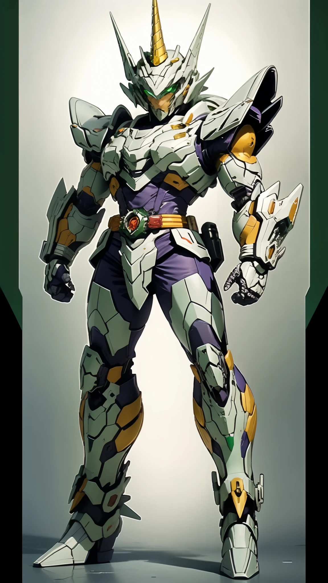 A man wearing a full-face helmet, a fantasy-style biotech armored combat suit, green eyes, (a composite layered chest armor), fully enclosed shoulder guards, matching arm and leg guards, the belt is adorned with Horseshoe-shaped marker, (the color scheme is primarily white with green accents), the design balances heavy with agility, a high-tech bio-mecha armor, (Armor Concept Inspired by Unicorn, stand on the top of a skyscraper in a futuristic sci-fi city), this character embodies a finely crafted fantasy-surreal style armored hero in anime style, exquisite and mature manga art style, (battle damage, element, plasma, energy, the armor glows), ((male:1.5)), metallic, real texture material, dramatic, high definition, best quality, highres, ultra-detailed, ultra-fine painting, extremely delicate, professional, perfect body proportions, golden ratio, anatomically correct, symmetrical face, extremely detailed eyes and face, high quality eyes, creativity, RAW photo, UHD, 32k, Natural light, cinematic lighting, masterpiece-anatomy-perfect, masterpiece:1.5