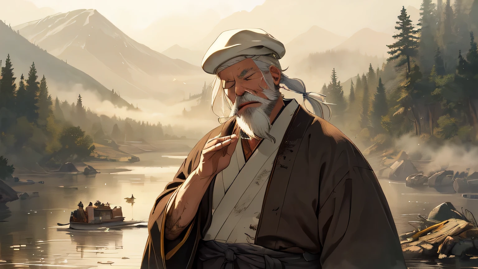 (detailed old vagabond with white hair and long white beard:1.3), (white hat:1.1), closed eyes, tender smile, very old Tattered shabby Japanese robe cloth, ink painting style, (sepia color), dynamic pose, praying gesture, dynamic angle, (magnificent foggy detailed river:1.1), fishing