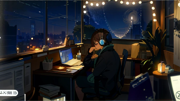 night、Girl studying at desk、night景が見える、Quiet atmosphere、headphone