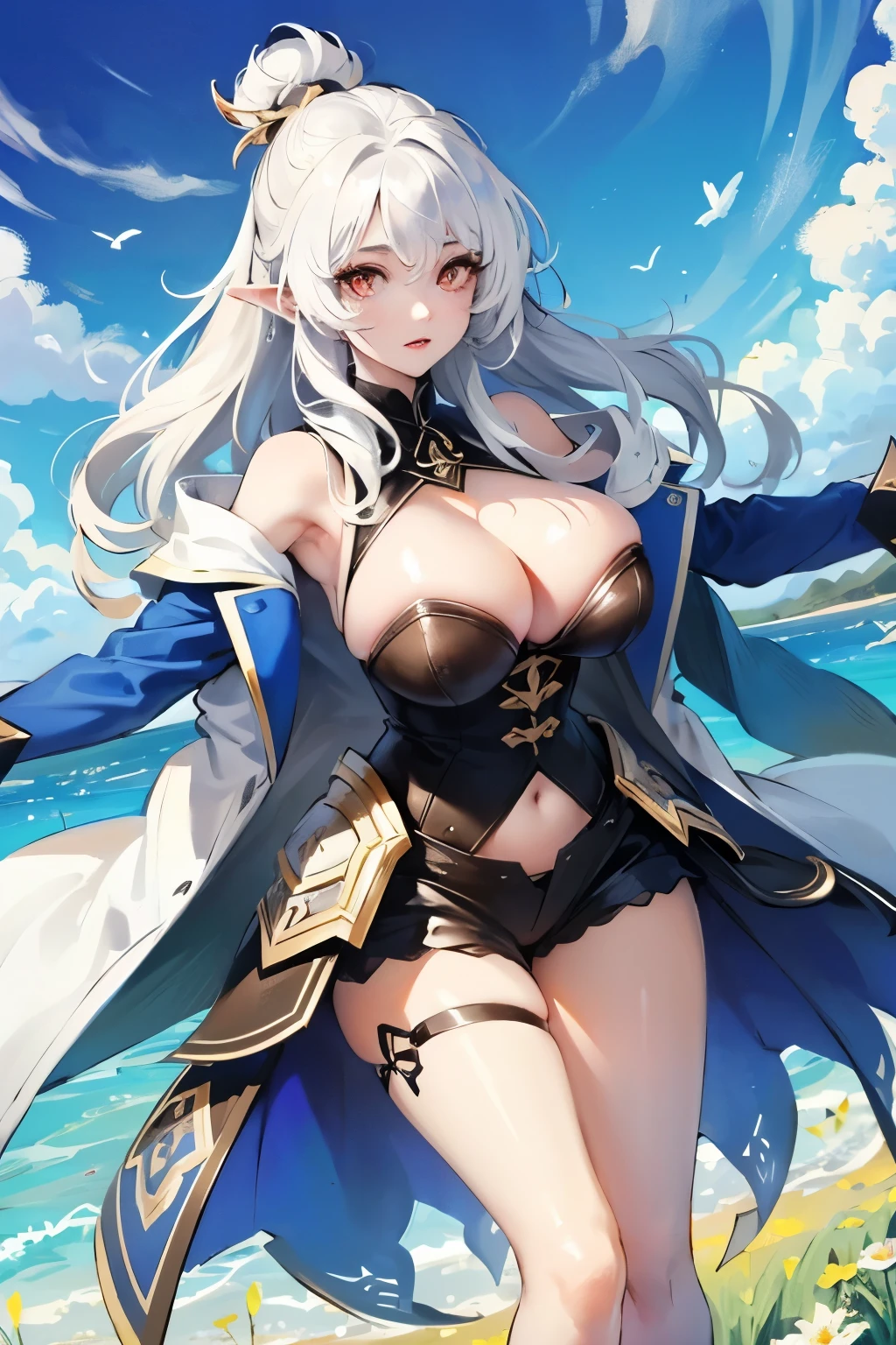 ((best quality)), ((masterpiece)), (detailed), Beautiful girl with perfect face，(White hair)，(White eyebrow)，(White eyelashes)，Red eyes，(())，((Big Tits))，Long pointed ears，Good figure，
carriage，Blue sky，field，Vision