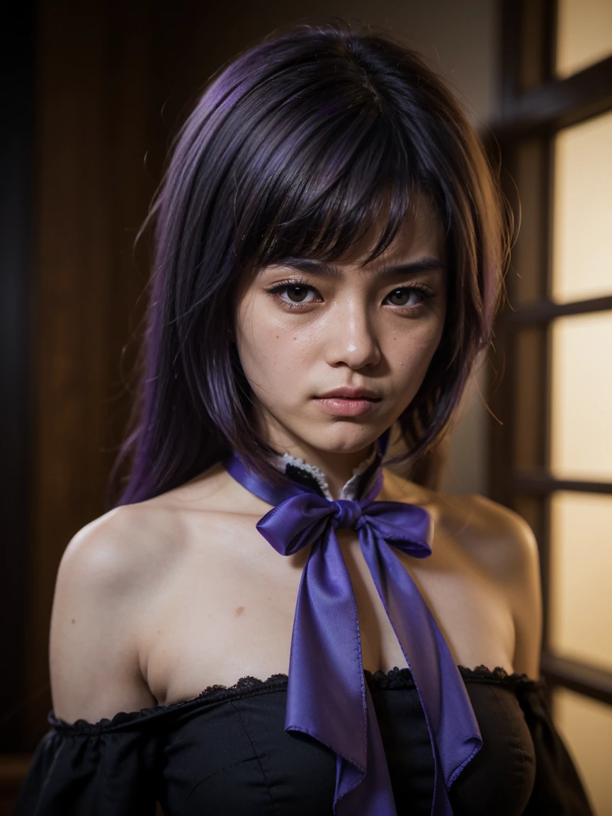 (1 lady), (Best quality at best:1.4), (ultra - detailed), (extremely detailed CG unified 16k), very detailed, High-definition RAW color photo, professional photoshooting, amazing face and eyes, cosmetics, (amazingly beautiful girl), ((frederica bernkastel)), ((purple bow, dress, frills)), standing, sexyposture, realistic cinematic face, photo portrait, perfectly visible upper body (shoulders to head), photorealistic, ((realistic natural purple hair style, purple eyes, long hair)), gorgeous, extremely beautiful face, perfect model beauty, pout mouth, Highly Detailed Face and Skin Texture, Detailed Eyes, Double Eyelids, Big Breasts, Smile, cleavages, western, (masterpiece), best quality, high resolution, extremely detailed, blurred background, depth of field, cinematic lighting, clear and well-cared skin