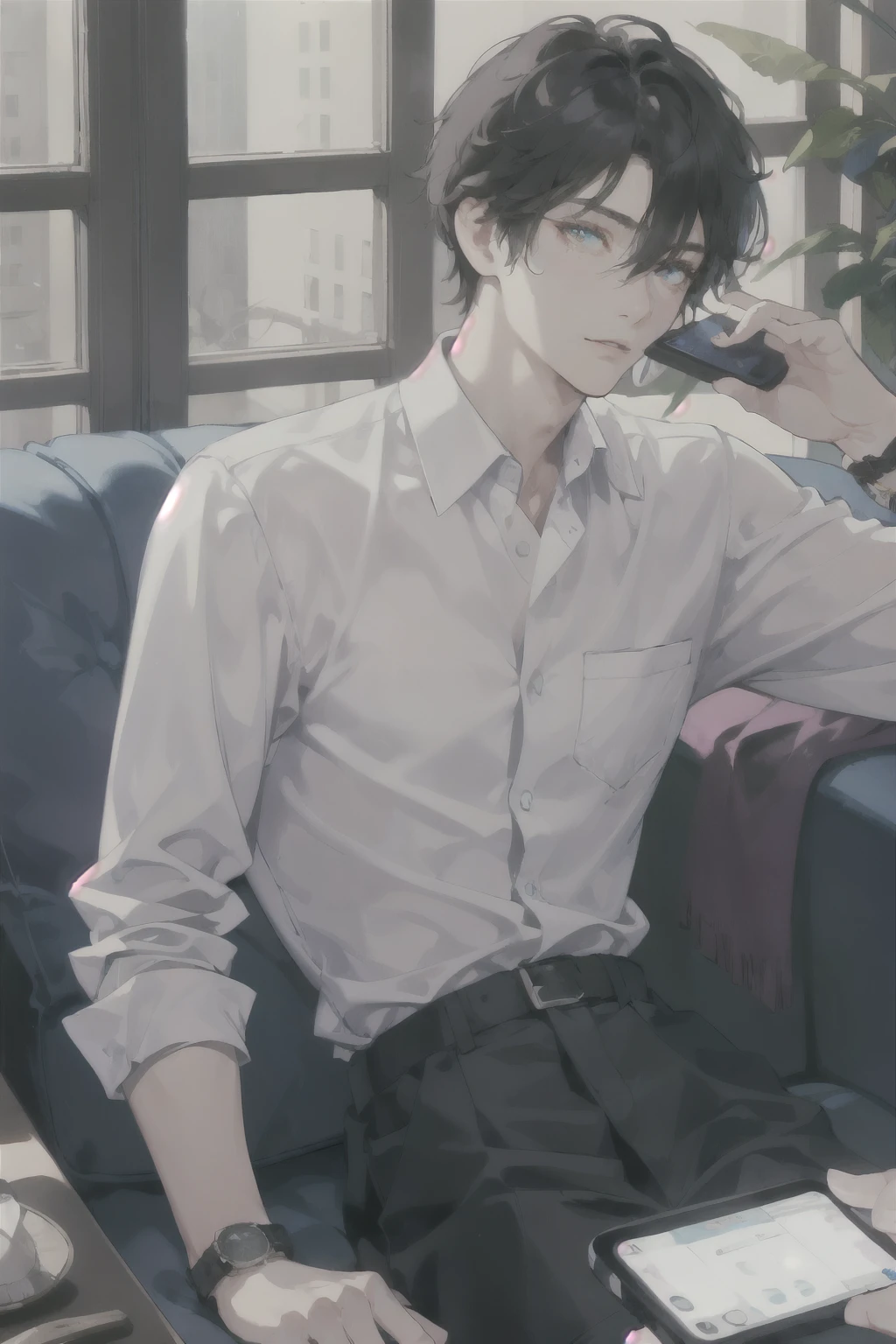 masterpiece, best quality, ultra detailed, (solo man), (male focus), ((Oblong face)), ((Square jawline)), black hair, ((hairs between eyes)), ((shoulder length)), ((narrow blue eye)), fair skin, skinny body, beauty mark, {uniform, outfit, clothes}, dress shirt, watch, holding a phone, sitting on sofa