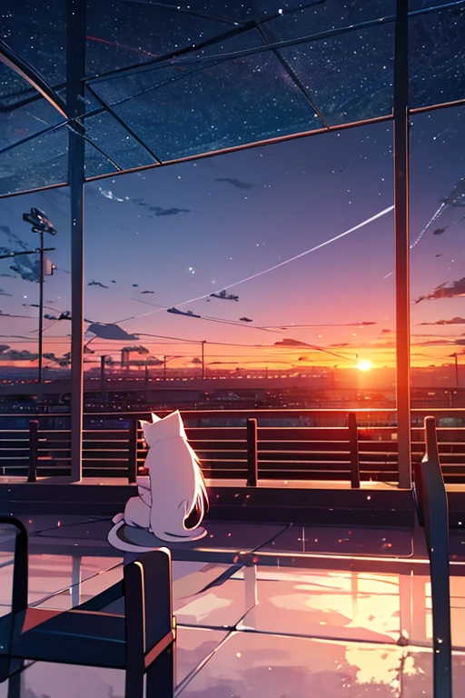 Relaxed character and white cat anime girl sitting on a bench looking at the stars, anime art wallpaper 8 k, anime art wallpaper 4k, anime art wallpaper 4 k, 4k anime wallpaper, anime wallpaper 4k, anime wallpaper 4 k, anime style 4 k, 4 k manga wallpaper, watching the sun set. anime, anime girl desktop background, anime wallpaper, anime background