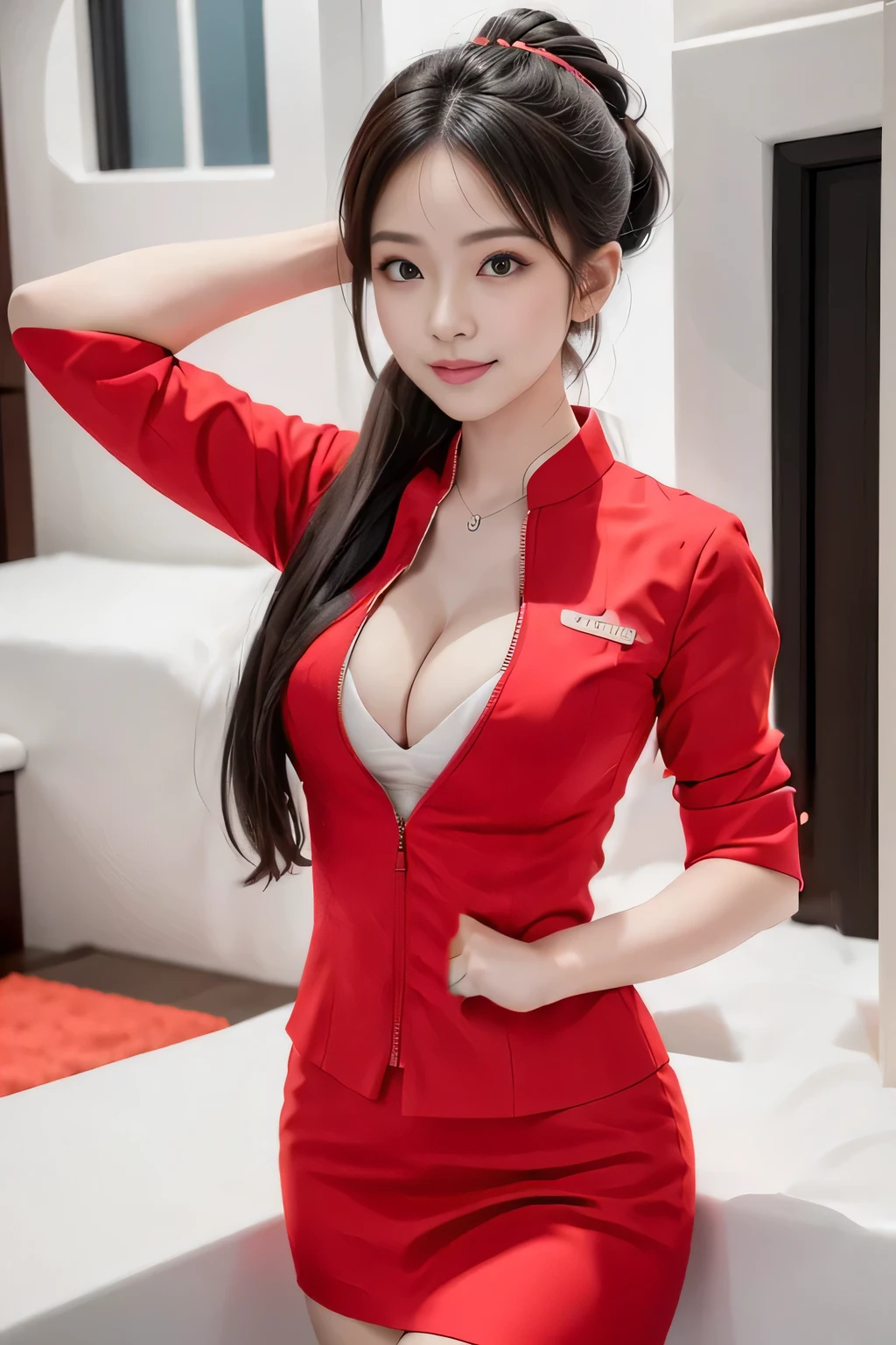 (masterpiece:1.2, highest quality:1.2), 32K HDR, High resolution, (alone、1 girl)、（At the airport entrance、Professional Lighting）、Skyscraper Background、Beautiful city view、（Realistic style with AirAsia flight attendant uniforms）、（AirAsia uniform unzipped red jacket、AirAsia uniform long sleeve red jacket、AirAsia uniform red mini tight skirt、AirAsia uniform white shirt unbuttoned）、Big breasts showing cleavage、（AirAsia uniform shirt cleavage reveals big boobs）、Dark brown hair、ponytail、Red rubber band、（Long hair that reaches down to the legs、Tie your hair behind your head、Her tied-up long hair flutters in the wind）、A strong wind is blowing、Long Shot、（（Fine hand：2.0）），（（Harmonious body proportions：1.5）），（（Normal limbs：2.0）），（（Normal finger：2.0）），（（Delicate eyes：2.0）），（（Normal eyes：2.0））)、Luxury Necklace、Beautiful standing posture