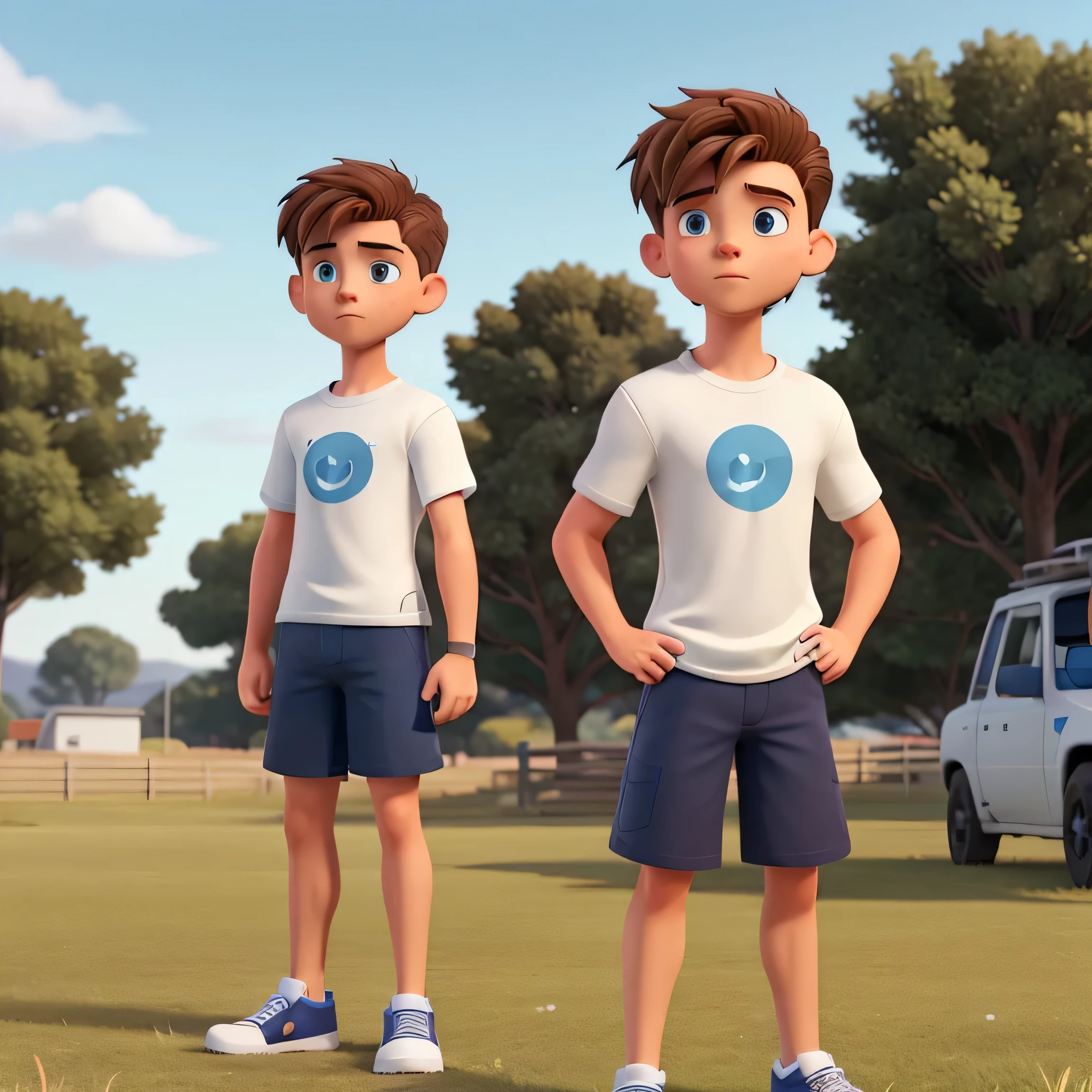 Creegan is a fit and muscular teenager with short, brown hair featuring blonde highlights styled upward. He is wearing a white t-shirt and dark blue shorts, along with clean white Air Force sneakers. He stands confidently on a grassy field with goalposts in the background. His hands are relaxed in front of him, and his expression shows determination.