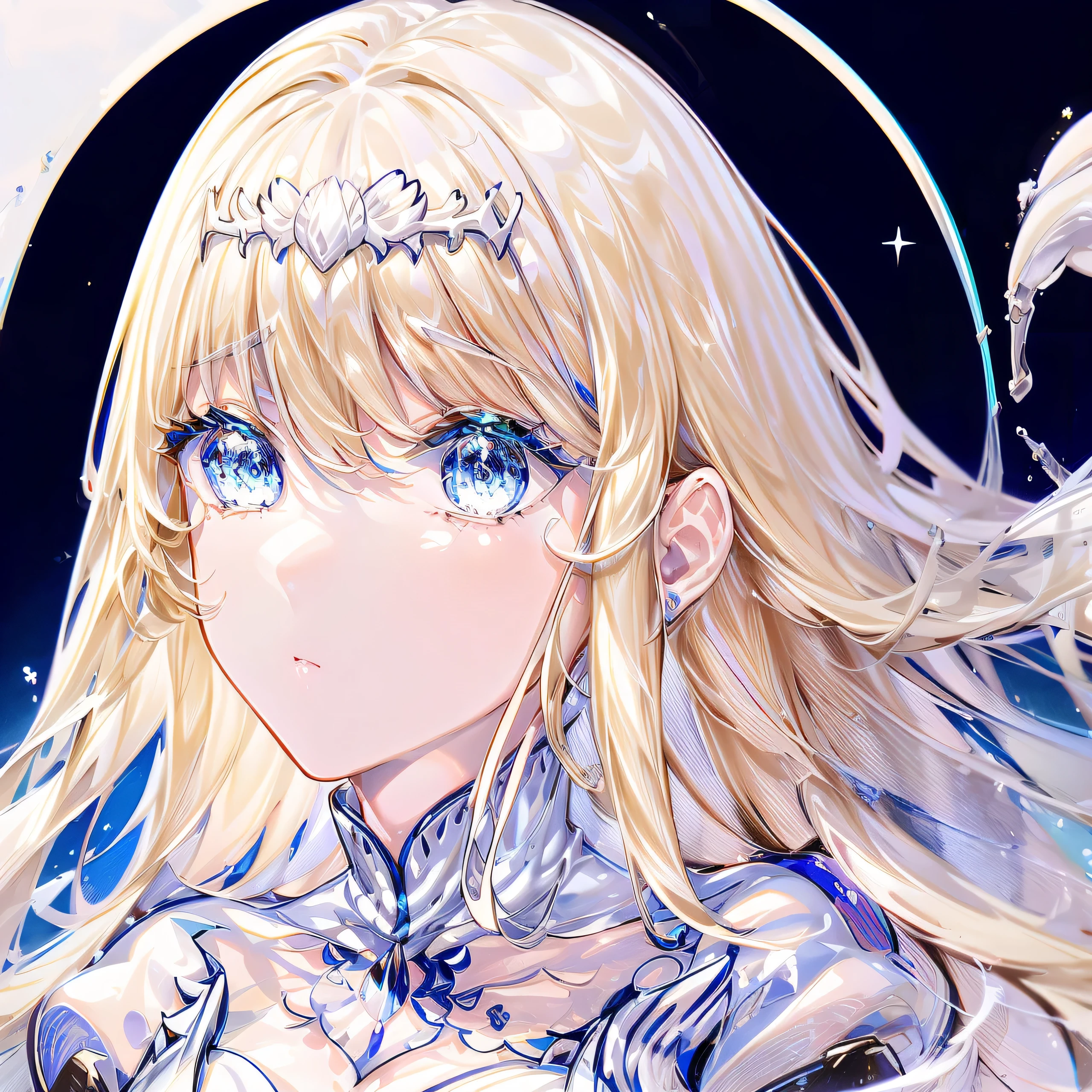 1 girl in、Eyes swaying anxiously、profile、Face-down right、Eyelids lowered、、Long hair、,, solo, calca, blonde hair, , medium chest, extremely long hair, very long hair, extra long hair, white tiara, white dress, blue eyes, close up

