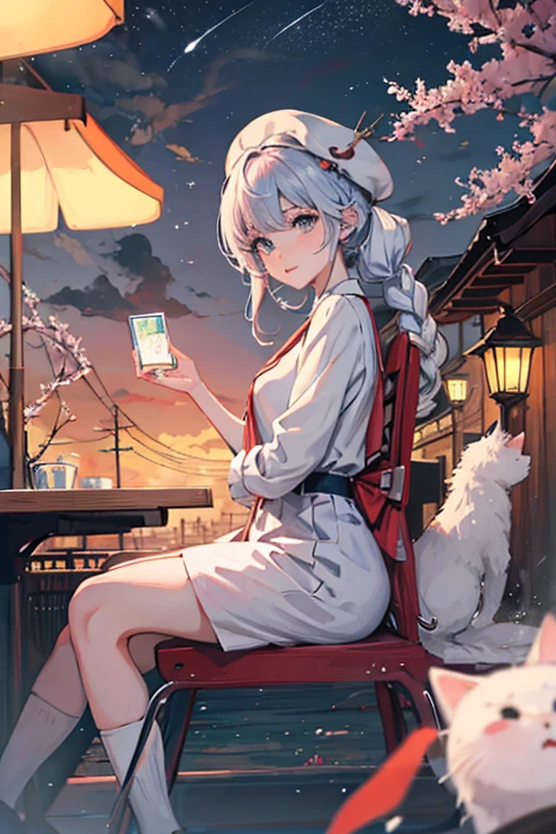 Relaxed character and white cat　anime girl sitting on a bench looking at the stars, anime art wallpaper 8 k, anime art wallpaper 4k, anime art wallpaper 4 k, 4k anime wallpaper, anime wallpaper 4k, anime wallpaper 4 k, anime style 4 k, 4 k manga wallpaper, watching the sun set. anime, anime girl desktop background, anime wallpaper, anime background
