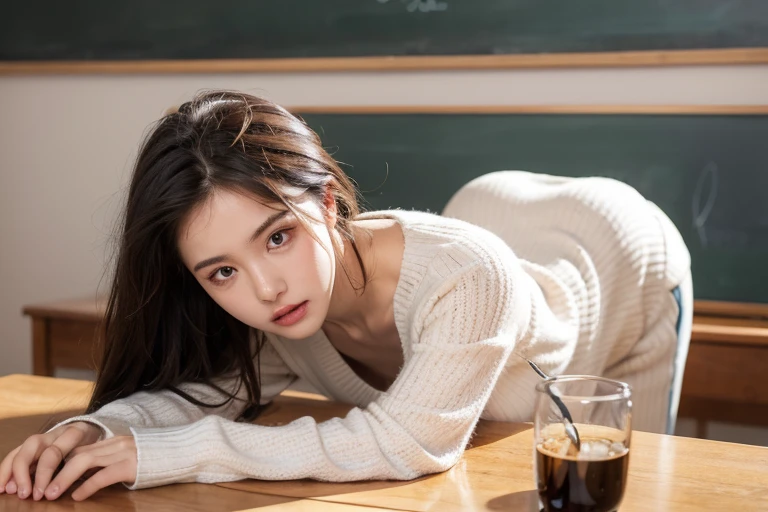 Messy hair, Best Quality, Illustration, Ultra-detailed, finely detail, hight resolution, 8K Wallpaper, Perfect dynamic composition, Beautiful detailed eyes, Natural Lip, black cotton sweatpants , Big breasts, (teacher:1.2), white knit sweater. busy, looking away, bend down, bent over