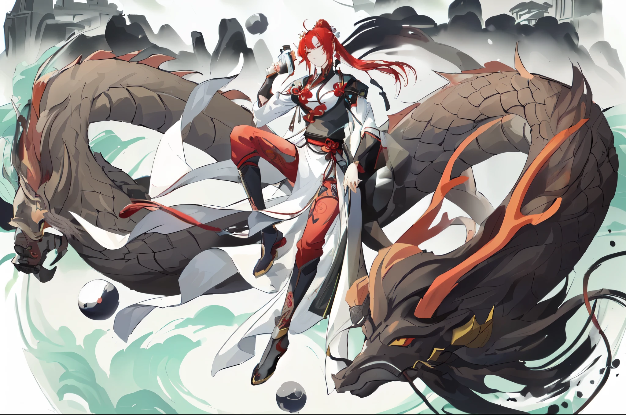 Red Hair,Ink style,Woman with red ponytail hairstyle,Highest quality,Anime Goddess,Chinese style,Cartoon character holding a wine bottle on a white background, Akira in Chinese mythology, Onmyoji detailed art, Human-dragon fusion, author:Yang Jie, Anime fantasy illustration, Dragon God