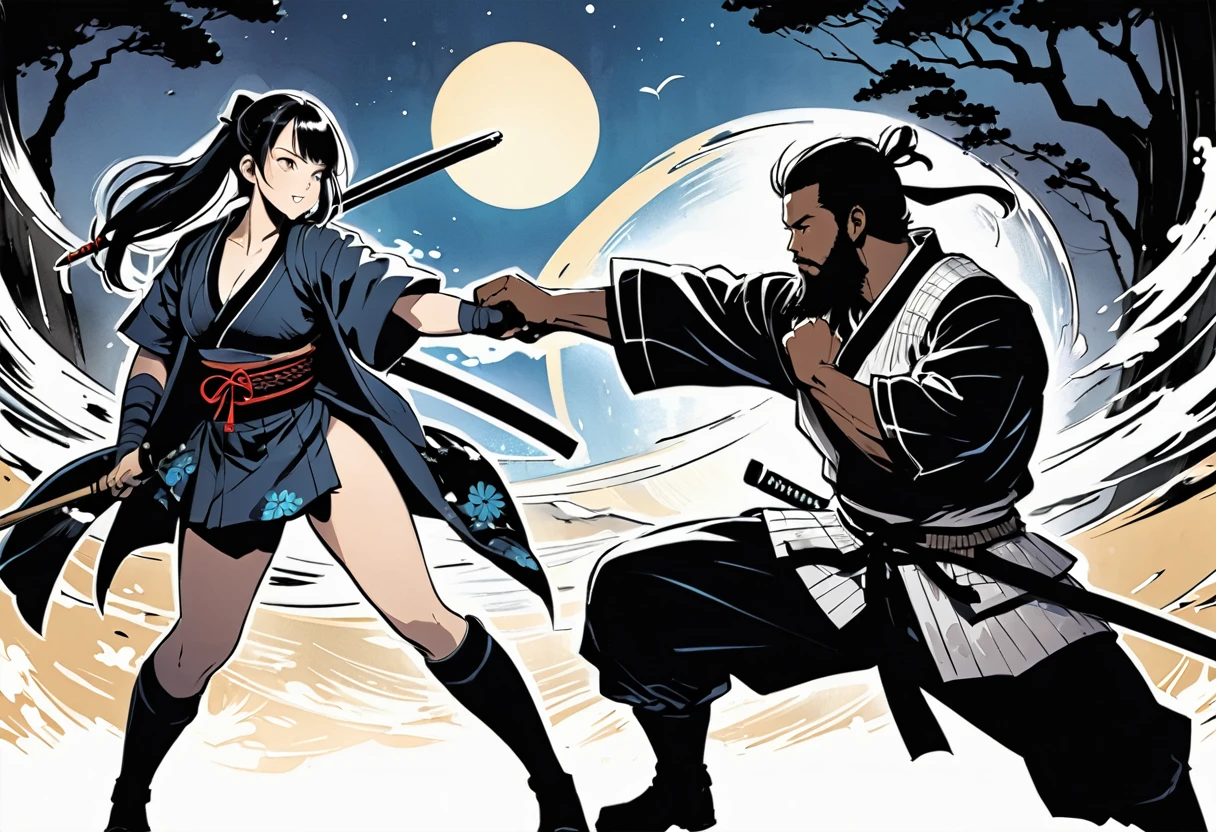 Ink drawn MANGA,Ink painting style,Ink brush paint,An African man in samurai armor and a ninja girl are fighting,dynamic pose,beard,night,