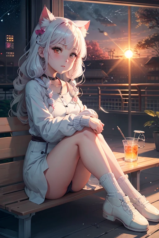 Relaxed character and white cat　anime girl sitting on a bench looking at the stars, anime art wallpaper 8 k, anime art wallpaper 4k, anime art wallpaper 4 k, 4k anime wallpaper, anime wallpaper 4k, anime wallpaper 4 k, anime style 4 k, 4 k manga wallpaper, watching the sun set. anime, anime girl desktop background, anime wallpaper, anime background