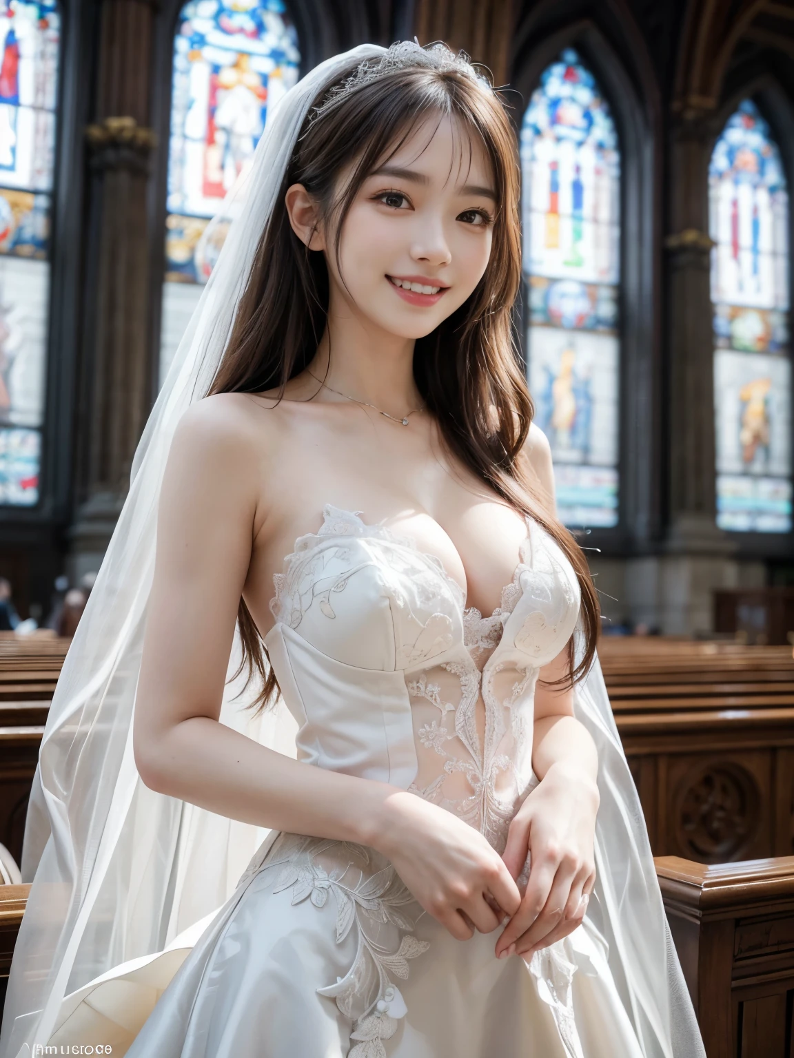 (Tabletop、highest quality、8k、Extremely detailed and intricately detailed、The most complex and detailed textures、Ultra-high resolution)、(1 bride:1.1)、The most gorgeous wedding dresses、Wedding Lace、highest qualityの巨大なティアラ、highest qualityの巨大なネックレス、The most luxurious and elegant decoration、(Photograph of standing figure:1.2)、The most luxurious church wedding、An elegant and modern church、Stylish and elegant contemporary church、Delicate and gorgeous stained glass、Upper body photo、The best smile when you see me、The most lavish wedding、Ultra-high definition beauty face、Ultra HD Hair、Ultra-high definition sparkling eyes、Ultra-high resolutionの艶やかな唇、Accurate anatomy、(very bright and vivid:1.2)、Ultra-high definition shining pure white skin、I can see her cleavage、(((Cute toothy smile)))