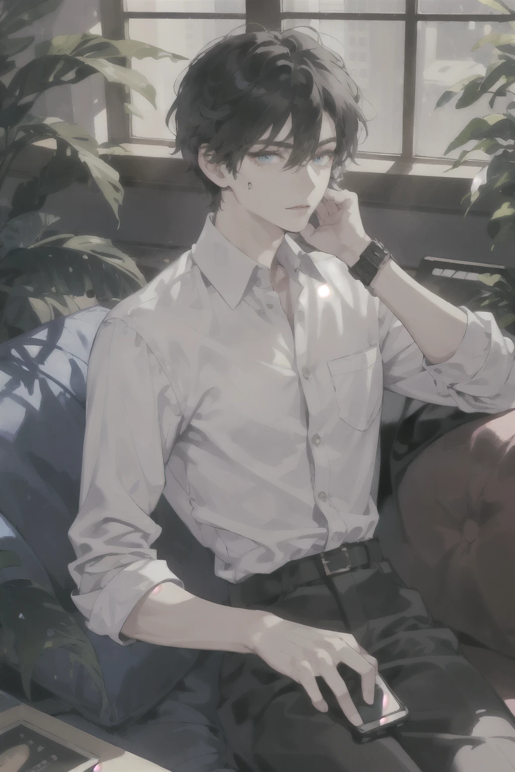 masterpiece, best quality, ultra detailed, (solo man), (male focus), ((Oblong face)), ((Square jawline)), black hair, ((hairs between eyes)), ((shoulder length)), ((narrow blue eye)), fair skin, skinny body, beauty mark, {uniform, outfit, clothes}, dress shirt, watch, holding a phone, sitting on sofa