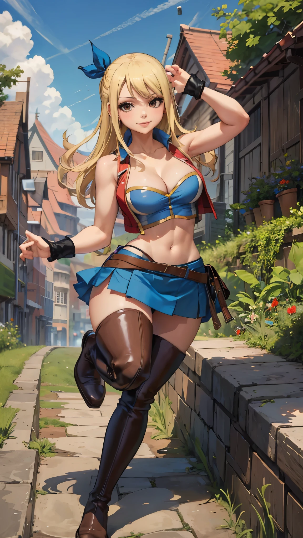 cleavage,(masterpiece, best quality:1.2), solo, 1girl, lucy heartfilia, smile, looking ta viewer,  red sleeveless, miniskirt, thigh boots