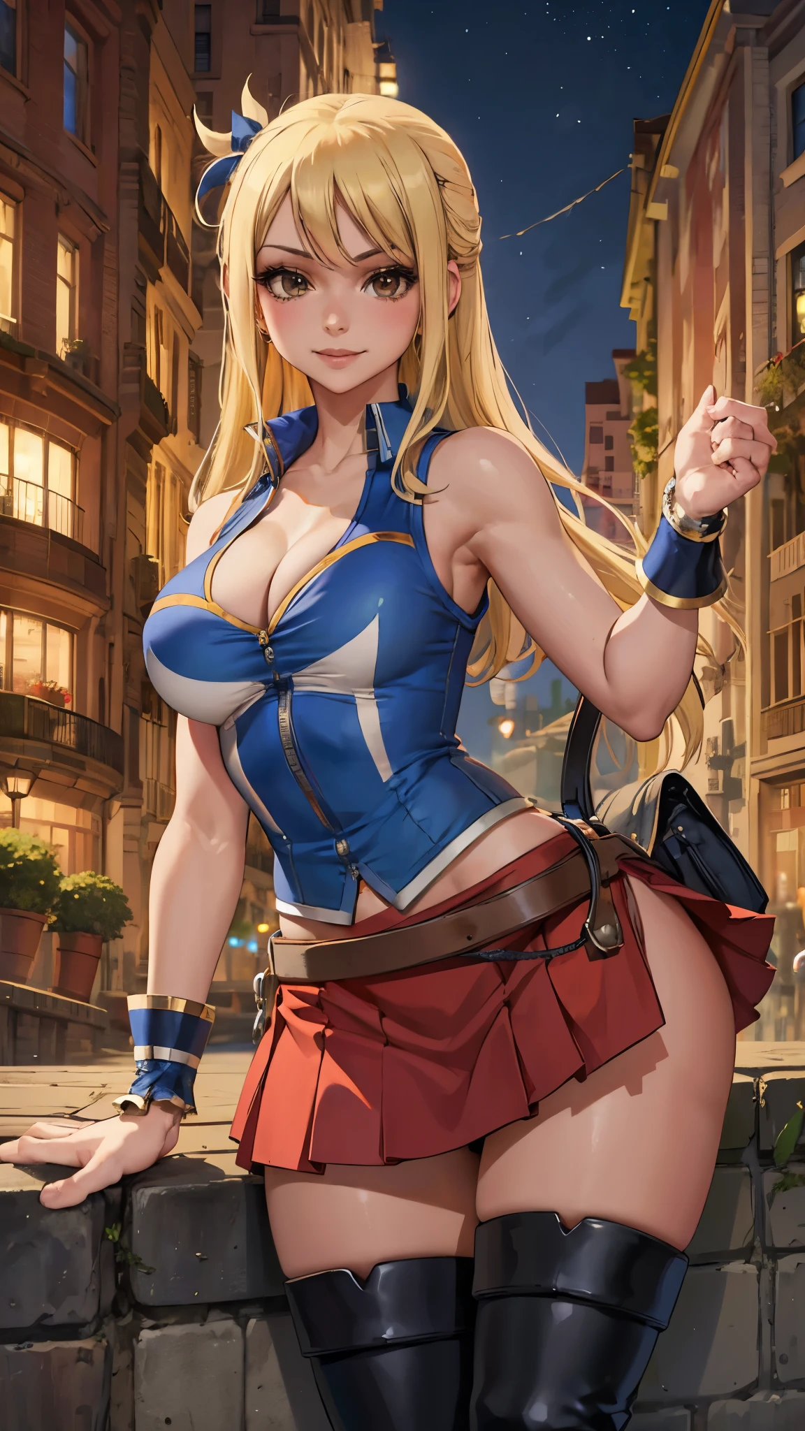 cleavage,(masterpiece, best quality:1.2), solo, 1girl, lucy heartfilia, smile, looking ta viewer, red sleeveless, miniskirt, thigh boots