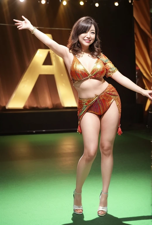 A beautiful Japanese woman in her 40s poses in a glittering 1970s disco:1.4), {1970s fancy disco clothes:1.4}, stage lights, Realistic, Photorealistic, realistic body shape, Very detailed, highest quality, 8k, Cinematic stills, High resolution, Ideal proportions, Perfect Anatomy, curly hair, smile, full body, Dancing people in the background