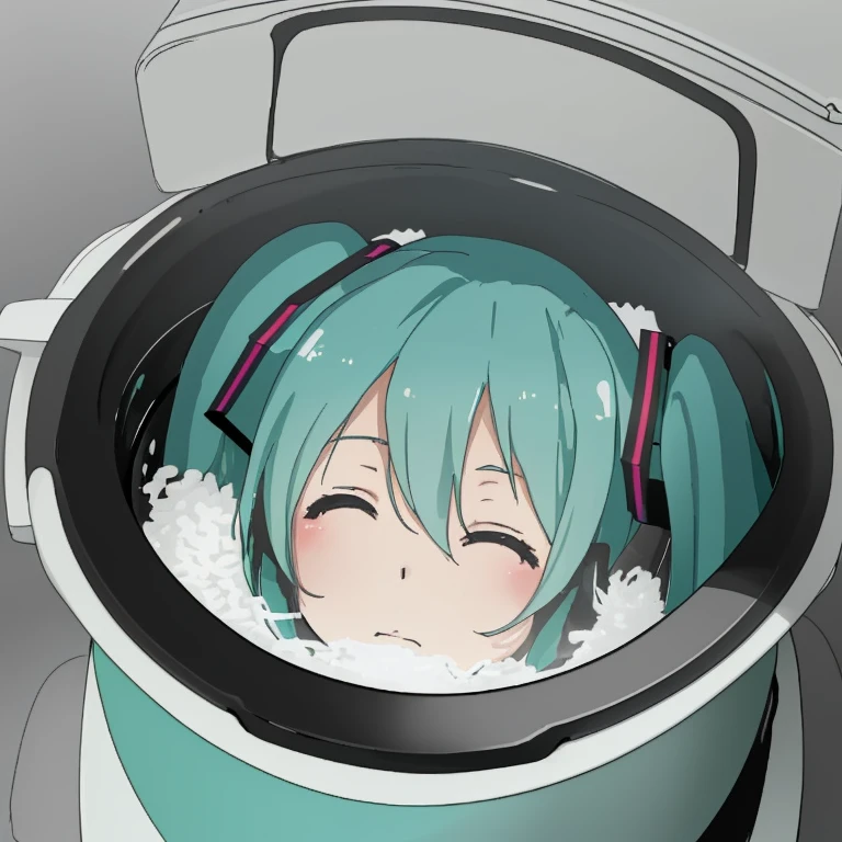 Hatsune Miku bathing in a rice cooker