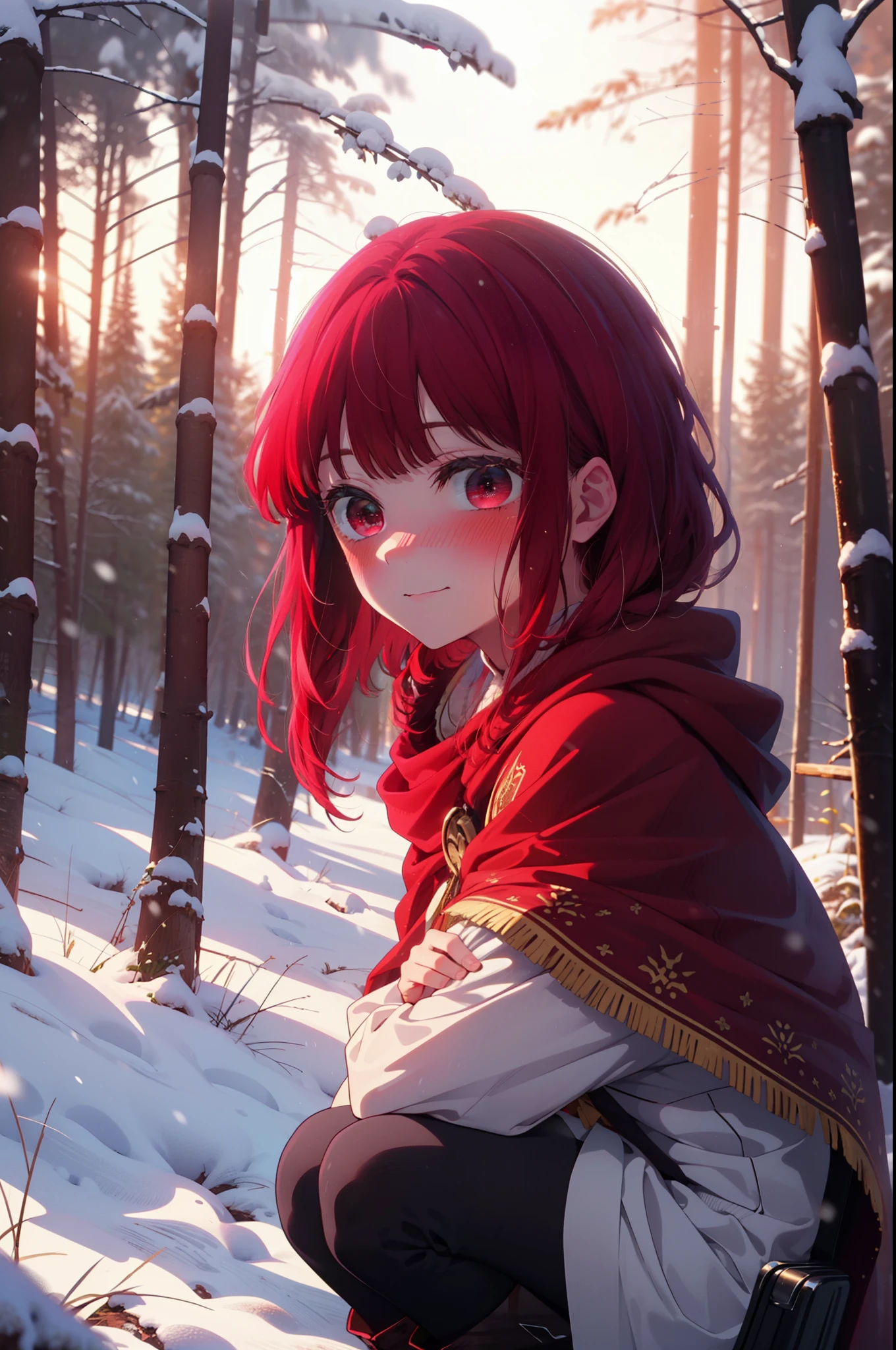 canary, Arima etc., Long Hair,bangs, (Red eyes:1.3), Redhead, smile,Small breasts,ribbon,smile,blush,White Breath,
Open your mouth,snow,Ground bonfire, Outdoor, boots, snowing, From the side, wood, suitcase, Cape, Blurred, , forest, White handbag, nature, Squat, Mouth closed, Cape, winter, Written boundary depth, Black shoes, red Cape break looking at viewer, Upper Body, whole body, break Outdoor, forest, nature, break (masterpiece:1.2), highest quality, High resolution, unity 8k wallpaper, (shape:0.8), (Beautiful and beautiful eyes:1.6), Highly detailed face, Perfect lighting, Highly detailed CG, (Perfect hands, Perfect Anatomy),
