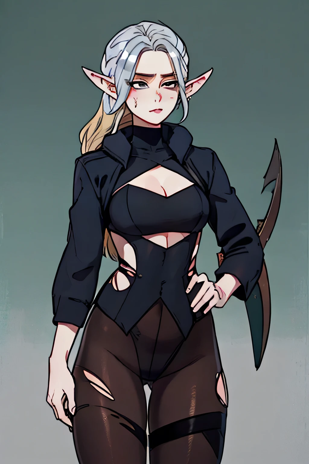 (masterpiece, best quality) detailed, Wearing black tights, silver accessories , blonde ,elegant, pointed ears ,torn clothes,warrior