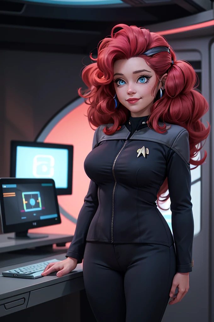 wide shot, ((best quality)), ((highly detailed)), masterpiece, (detailed eyes, deep eyes), (1girl), dynamic angle, cowboy shot, mlppinkiepie, woman, smile, looking at viewer, ((big curly pink hair)), ((blue eyes)), (((big hair))), standing behind a computer console, large breasts, realistic proportions, curvy body, lipstick, curvy hips, busty, subtly visible breasts, (((star trek warp core background))), dim lighting, facing computer screen, black uniform, grey shoulders,(((unzipping uniform))), holding a tablet, 