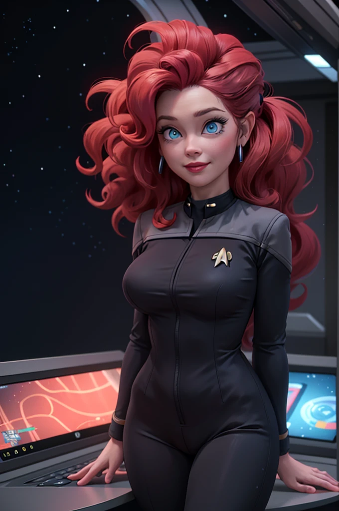 wide shot, ((best quality)), ((highly detailed)), masterpiece, (detailed eyes, deep eyes), (1girl), dynamic angle, cowboy shot, mlppinkiepie, woman, smile, looking at viewer, ((big curly pink hair)), ((blue eyes)), (((big hair))), standing behind a computer console, large breasts, realistic proportions, curvy body, lipstick, curvy hips, busty, subtly visible breasts, (((star trek warp core background))), dim lighting, facing computer screen, black uniform, grey shoulders,(((unzipping uniform))), holding a tablet, 