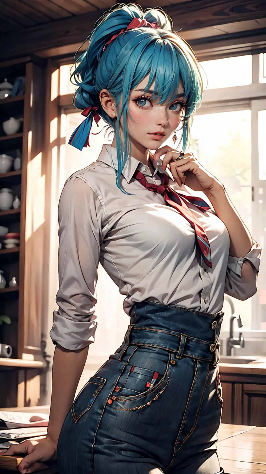 AGMM, 1girl, (Nicole man, blue hair, Yellow_Skin, Colored_Skin:1.2), wearing wet school uniform, large breeveal, cover, skirt, thighs. inside the building, classroom, sun rays, bokeh, sparkles, night, smile, sexy smile-auto --s2
