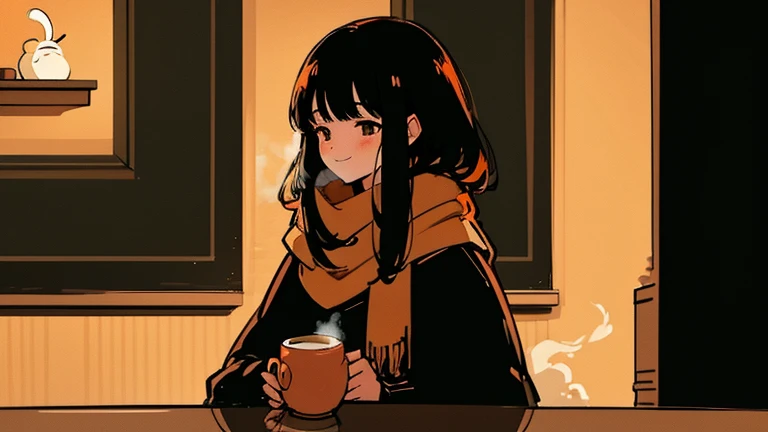 30 year old dark haired woman、Stay calm、Gentle light、Black background、coffee、head shot、Lo-fi illustration、A relaxing sight、In a warm room、scarf、hoodie、Steam from a hot drink、I feel safe、smile、seems to be happy、Orange lamp shade