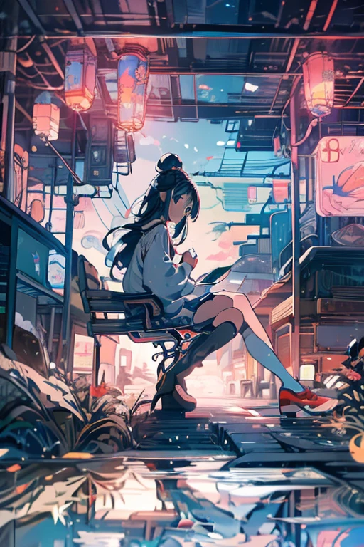 Relaxed character and white cat anime girl sitting on a bench looking at the stars, anime art wallpaper 8 k, anime art wallpaper 4k, anime art wallpaper 4 k, 4k anime wallpaper, anime wallpaper 4k, anime wallpaper 4 k, anime style 4 k, 4 k manga wallpaper, watching the sun set. anime, anime girl desktop background, anime wallpaper, anime background
