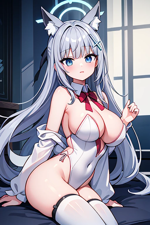 shiroko_bluearchive, ,(young :1.3),White兔女郎,Long hair,White rabbit tail,expose her nipples,whiit ears,white lace bunny suit,Off-shoulder,Bare shoulders,woman,sleeveless,red ribbon tie,White渔网袜,Nightclub,female masturbation,White and shadow,Buttocks in the crowd,Enjoy faface blush,Smile,White,full body
