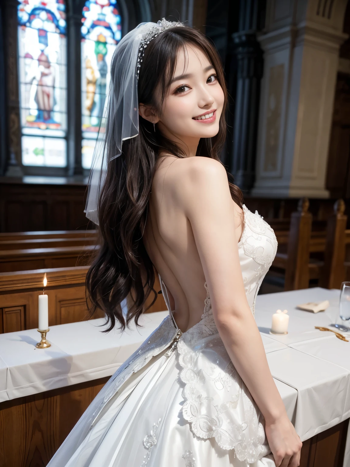 (Tabletop、highest quality、8k、Extremely detailed and intricately detailed、The most complex and detailed textures、Ultra-high resolution)、(1 bride:1.1)、The most gorgeous wedding dresses、Wedding Lace、highest qualityの巨大なティアラ、highest qualityの巨大なネックレス、The most luxurious and elegant decoration、(Photograph of standing figure:1.2)、The most luxurious church wedding、An elegant and modern church、Stylish and elegant contemporary church、Delicate and gorgeous stained glass、Upper body photo、The best smile when you see me、The most lavish wedding、Ultra-high definition beauty face、Ultra HD Hair、Ultra-high definition sparkling eyes、Ultra-high resolutionの艶やかな唇、Accurate anatomy、(very bright and vivid:1.2)、Ultra-high definition shining pure white skin、I can see her cleavage、(((Cute toothy smile)))、(((looking back)))