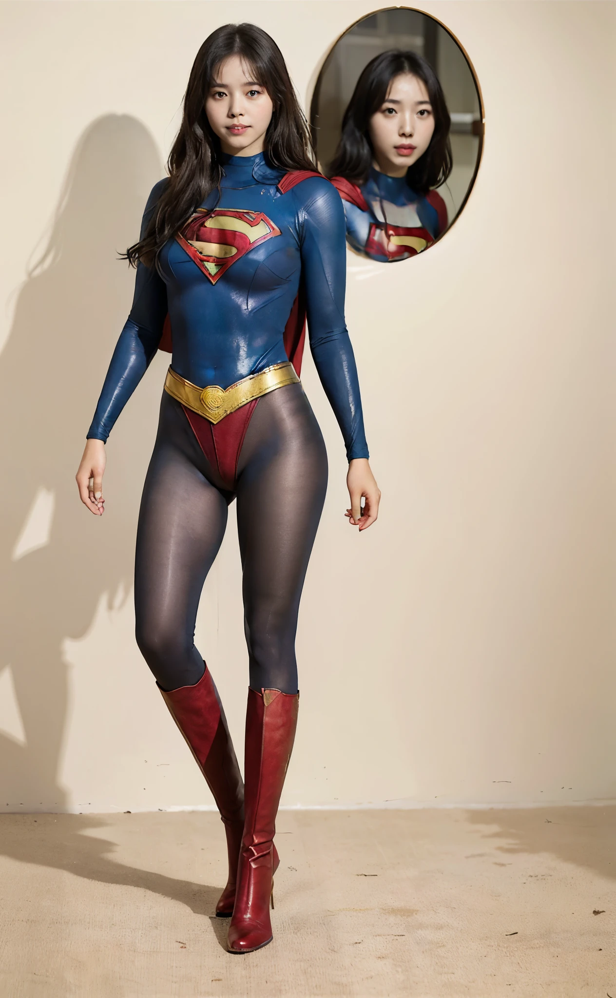 No background、(((Beautiful legs in black tights.)))、(((Legally express the beauty of your smile)))、((((Make the most of your original images)))、(((Body-fitting Supergirl costume)))、(((Supergirl Costume)))、(((Beautiful Hair)))、(((suffering)))、(((Please wear black tights....、Wear red boots)))、((Best image quality、8k))、((highest quality、8k、masterpiece:1.3))、(((Preserve background )))、Sharp focus:1.2、Beautiful woman with perfect figure:1.4、Slim Abs:1.2、Wet body:1.5、Highly detailed face and skin texture、8k