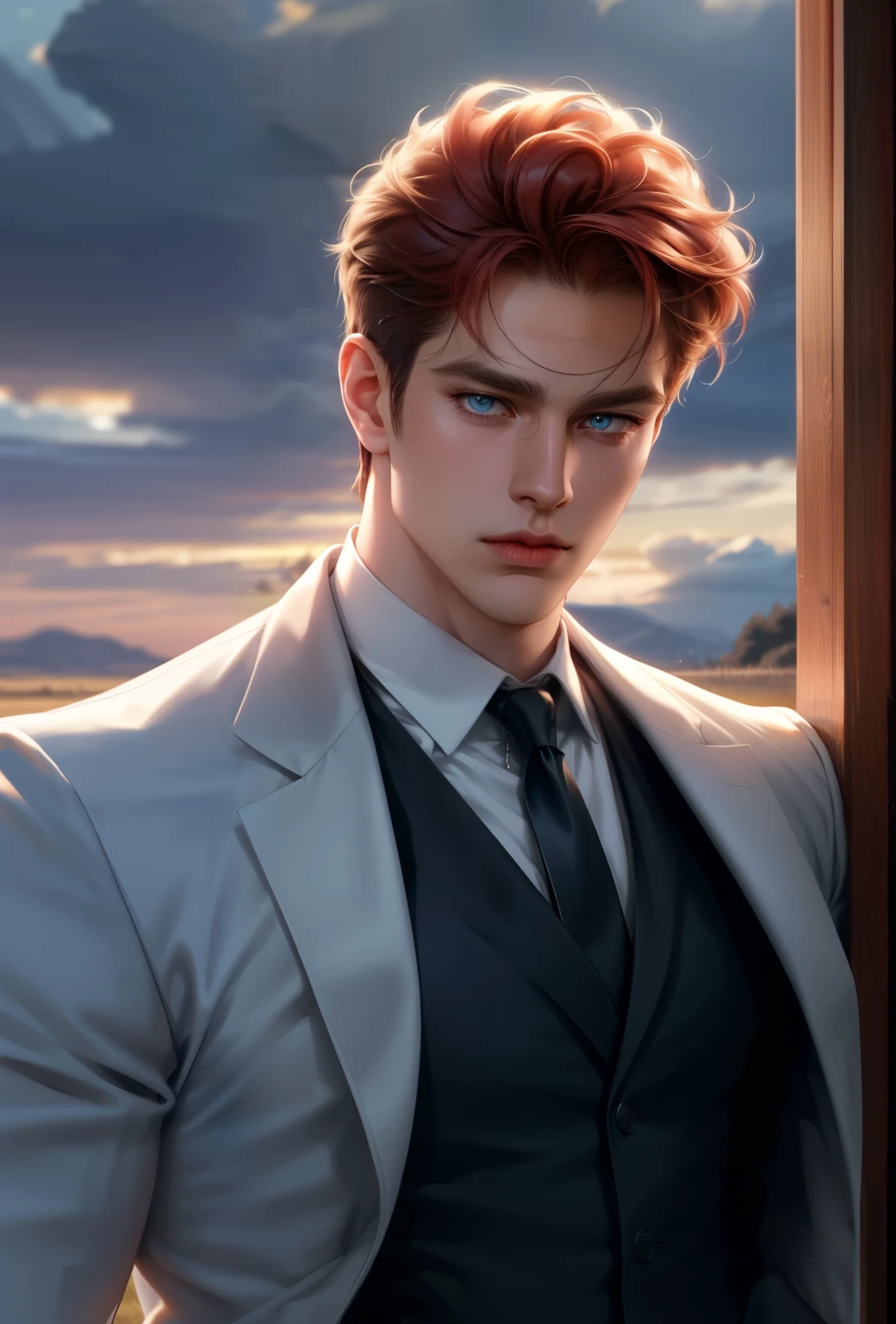 (masterpiece,best quality,ultra_detailed,highres,absurdres),1 mature male, 30-ish, (wide shoulder), (muscular), big body, male focus, solo, blue light eyes, blue light eyes color, upper body, short hair, red hair color, looking at viewer, flat face, parted lips, round eyewear, Masterpiece, high quality, best quality, HD, realistic, perfect lighting, detailed body, 1 man, wearing a jacket, white tie and shirt, calm expression, in the Field background,