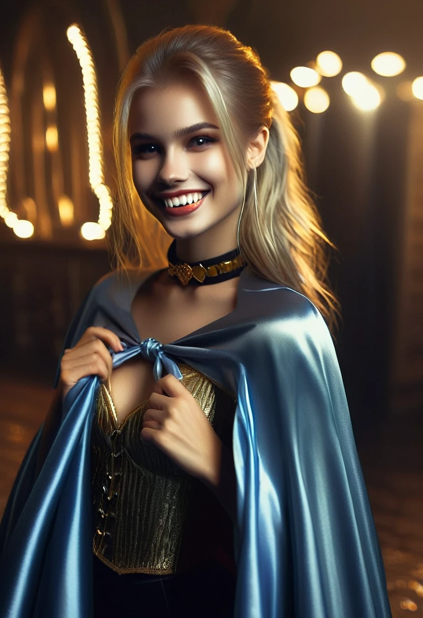 Vampyfangs1,(RAW photo) , 1girl, cute, 20 years old, long blonde hair in ponytail, smiling, look at viewer, ((((silver and gold lined satin cape tied at the neck)))+++, side spilt skirt , photo, realistic, best quality, hires, detailed face, detailed background, diffused lighting, depth of field, bokeh