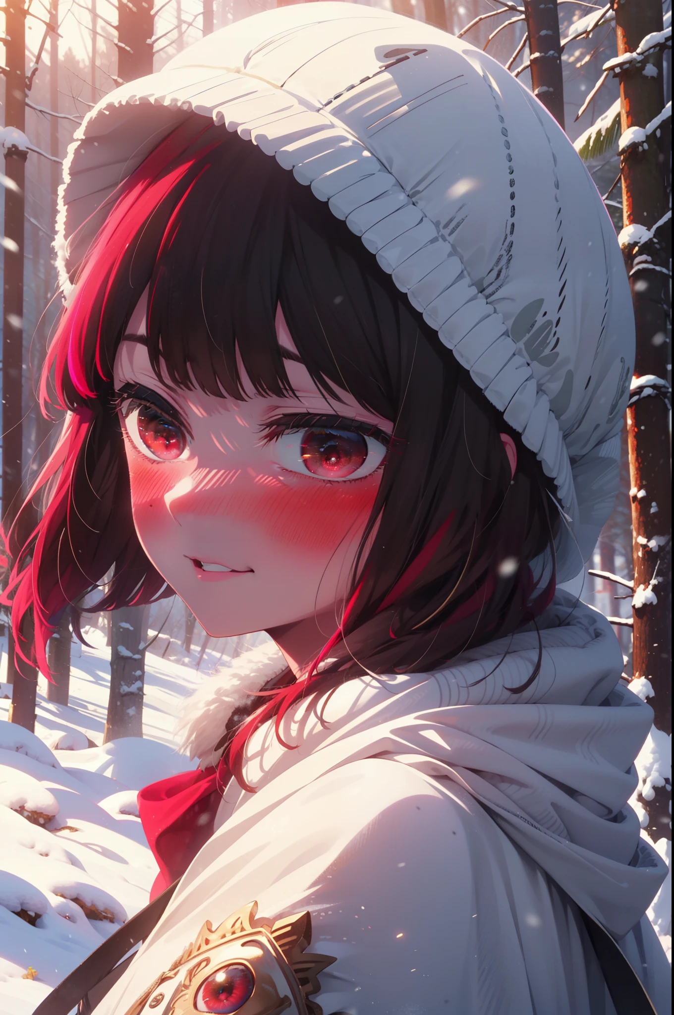 canary, Arima etc., Long Hair,bangs, (Red eyes:1.3), Redhead, smile,Small ,ribbon,smile,blush,White Breath,
Open your mouth,snow,Ground bonfire, Outdoor, boots, snowing, From the side, wood, suitcase, Cape, Blurred, , forest, White handbag, nature, Squat, Mouth closed, Cape, winter, Written boundary depth, Black shoes, red Cape break looking at viewer, Upper Body, whole body, break Outdoor, forest, nature, break (masterpiece:1.2), highest quality, High resolution, unity 8k wallpaper, (shape:0.8), (Beautiful and beautiful eyes:1.6), Highly detailed face, Perfect lighting, Highly detailed CG, (Perfect hands, Perfect Anatomy),