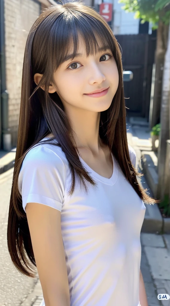 ((8K quality、professional、highest quality、masterpiece:1.3))、solo、Real、Photorealistic、Portrait、Slender Abs:1.2、Very cute 、((Flat Chest:1.4、AA cup、Skinny Beautiful Girl:1.4))、((Wearing a long T-shirt))、A child posing in an alleywae at night、Alley Background:1.4、Shiny dark brown hair、Silky straight hair、Straight and beautiful bangs、A slim and shapely 12-year-old 、Skinny body、Young,ust, glog, white skin、Highly detailed face and skin texture、Beautiful detailed eyes、 Attractive big eyes、Beautiful detailed nose、The best beauty、Close your mouth、smile、(Leaning forward、Staring at the camera from the front:1.1)
