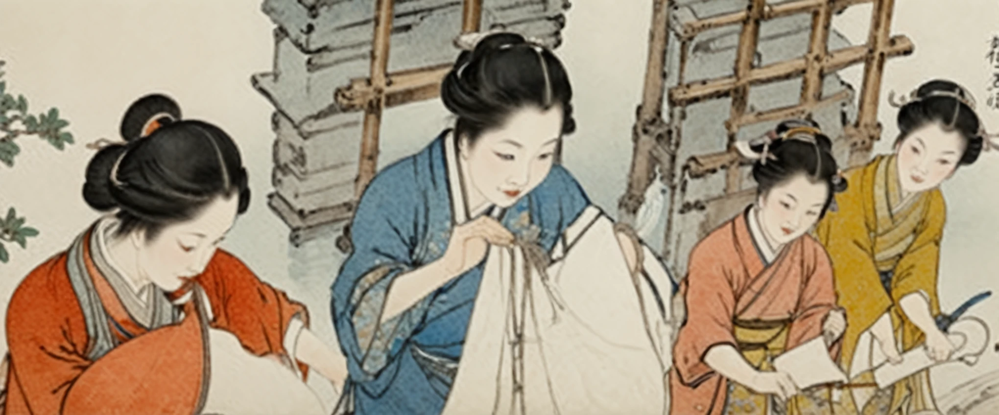 Close-up of four women working，Exquisite facial features and face，Chinese painting风格, Hokusai style, Inspired by Zhang Zeduan, author：Randolph Caldecott, (Watercolor, masterpiece, Line Art, Illustration Art, Professional line art, Super complex and detailed, Chinese painting，8K:1.3)