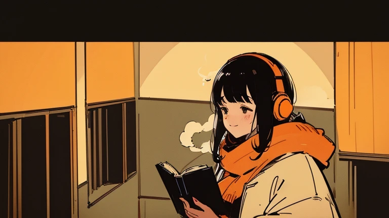 30 year old dark haired woman、Wearing headphones。Reading a book。Stay calm、Gentle light、Black background、coffee、head shot、Lo-fi illustration、A relaxing sight、In a warm room、scarf、hoodie、Steam from a hot drink、I feel safe、smile、seems to be happy、Orange lamp shade