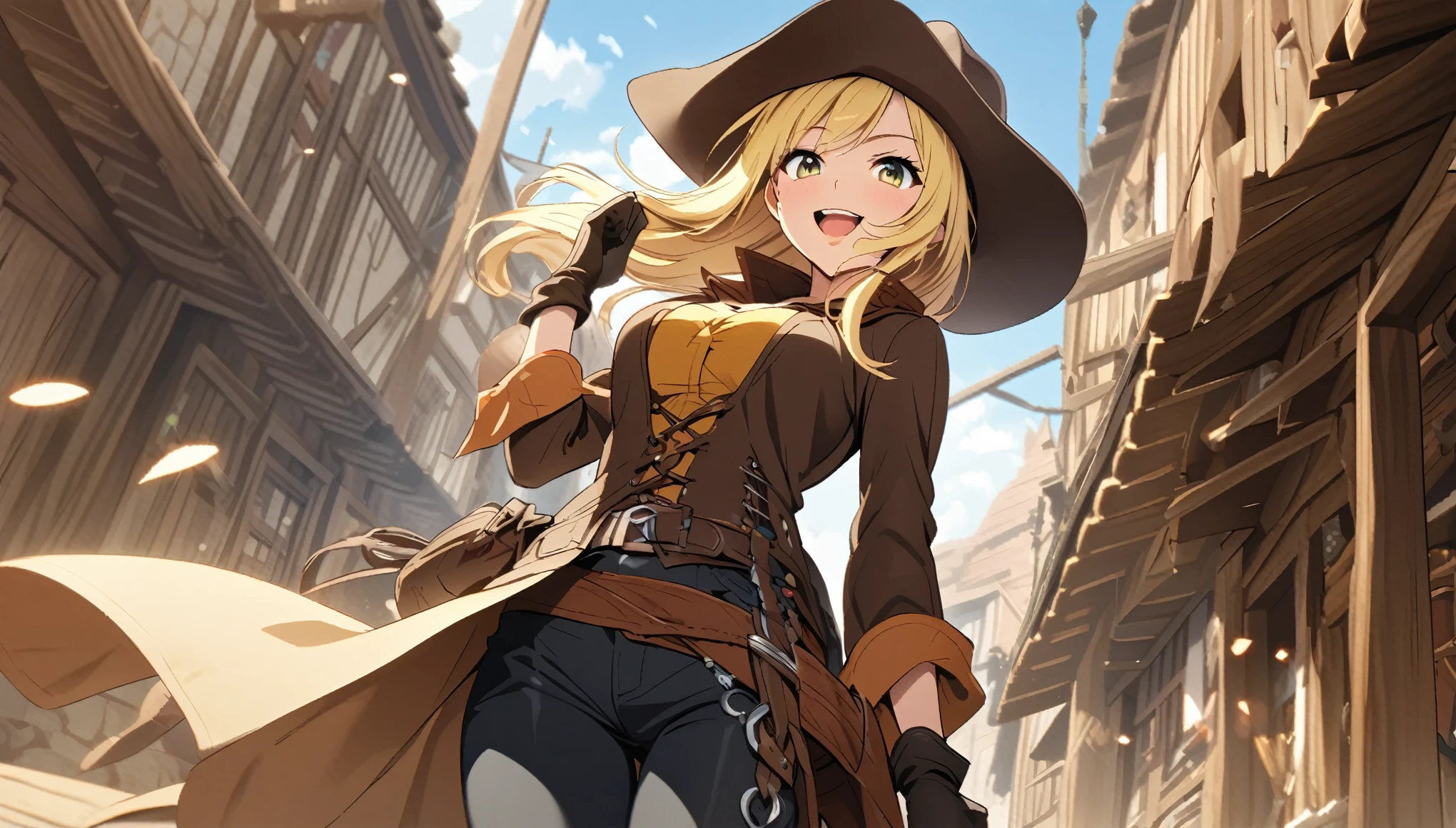 Cowgirl, Blonde Hair,Western Region, Thief, Wide-brimmed hat,  smile,